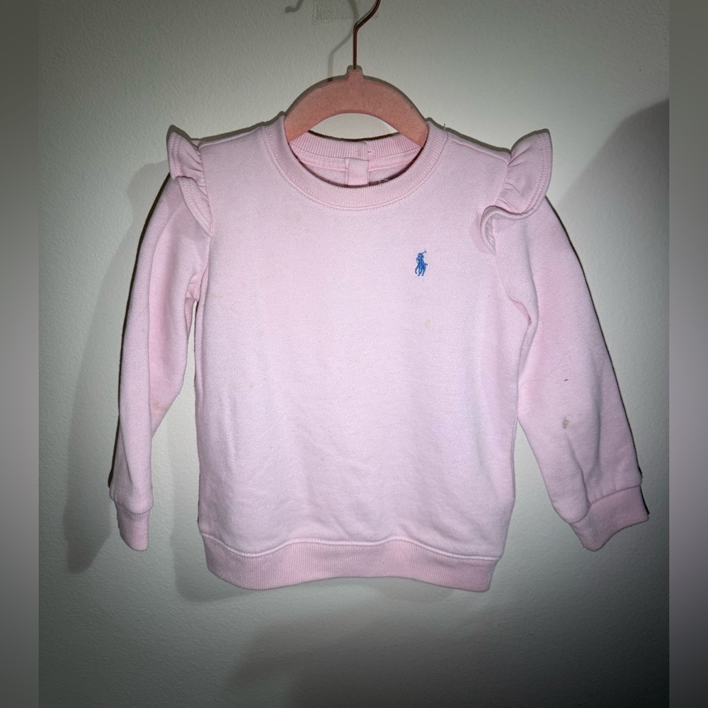 Polo by Ralph Lauren Pink Ruffle Shoulder Sweatshirt with Blue Pony